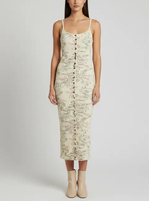 Paco Rabbane Cream Floral Print Rib Knit Midi Dress M