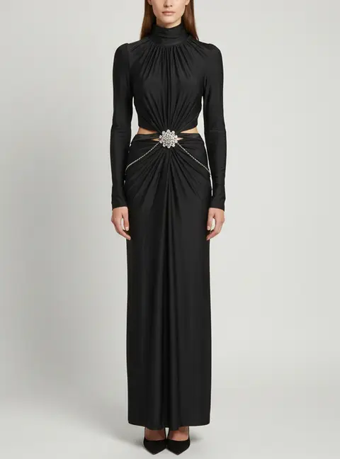 Paco Rabanne Black Jersey Back Open High Neck Maxi Dress M