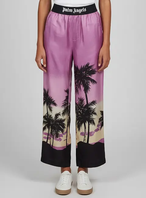 Palm Angels Purple Printed Satin Elasticated Wide Leg Pants S