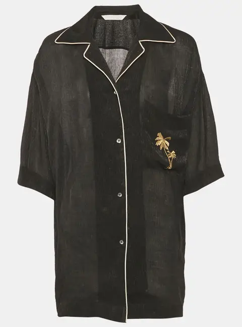 Palm Angels Black Embroidered Crepe Sheer Soiree Pajama Bowling Shirt M