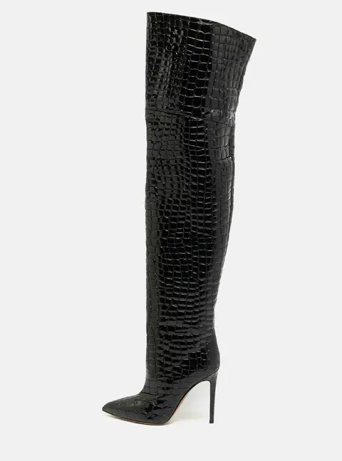 Paris Texas Deia Size 37 Black Croc Embossed Leather and Suede Over The Knee Boots