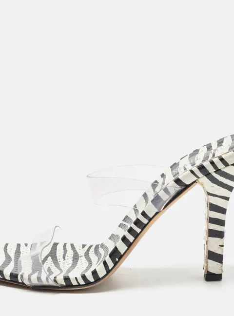 Paris Texas Bella Size 39.5 White/Black Zebra Print Python Embossed and PVC Slide Sandals