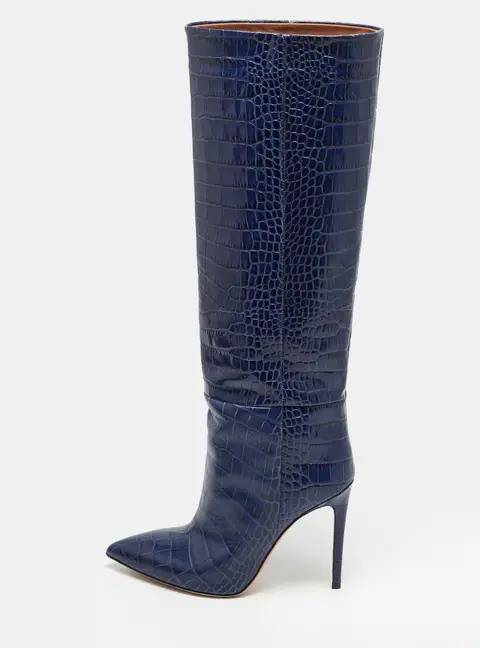 Paris Texas Indaco Size 38.5 Navy Blue Croc Embossed Leather Knee Length Boots