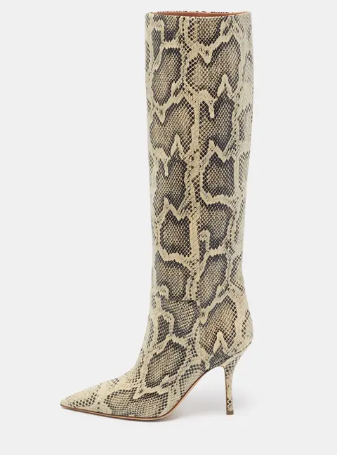 Paris Texas Size 39.5 Cream/Black Croc Embossed Leather and Leather Knee Length Desert Boots