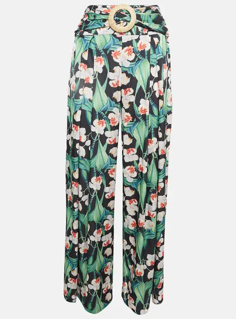 PATBO Black Floral Print Satin Belted Wide-Leg Pants S