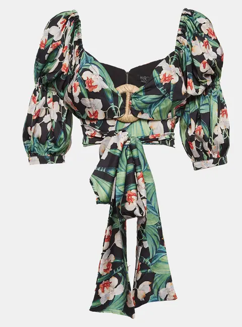 PATBO Green Floral Print Satin Off-Shoulder Tie-Up Top L