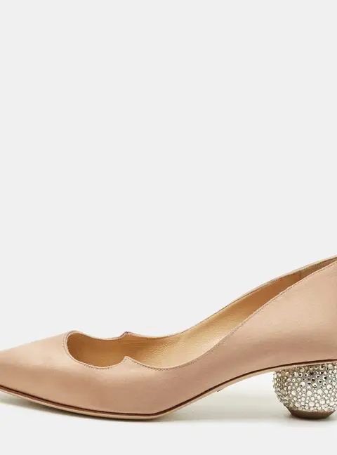 Paul Andrew Beige Satin Ankara Crystal Embellished Block Heel Pumps Size 36