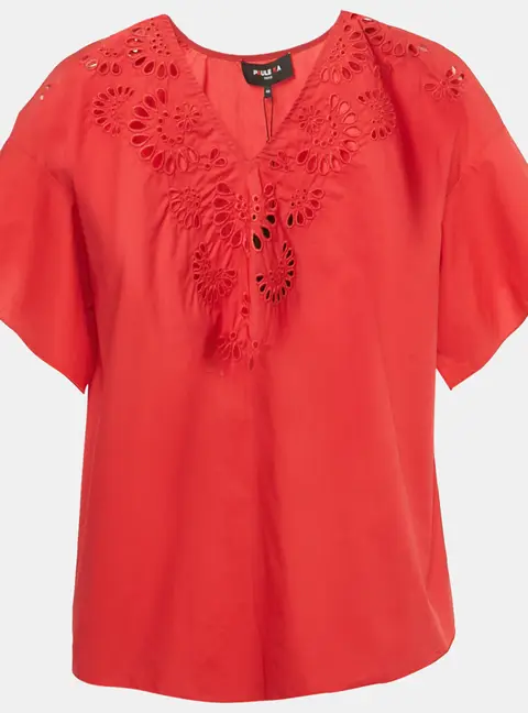 Paule Ka Red Embroidered Cotton Blouse L