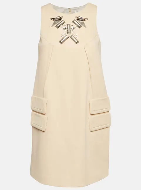 Paule Ka Cream Metal Embellished Stretch Crepe Mini Shift Dress S