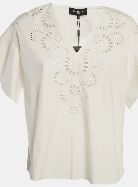 Paule Ka Off-White Floral Embroidery Cotton Top M