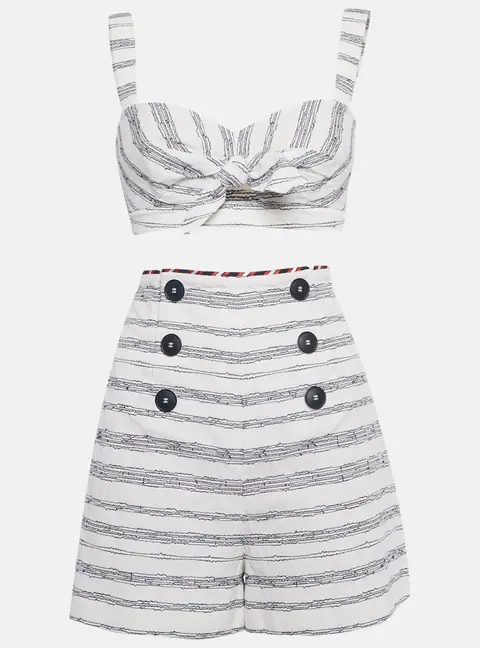 Paule Ka White/Blue Embroidered Stripe Cotton Top & Shorts Set L/M