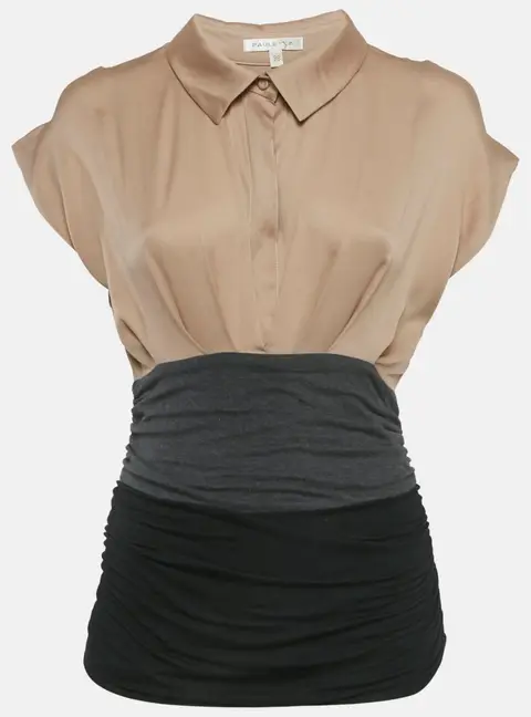 Paule Ka Beige/Black Satin and Jersey Ruche Top S