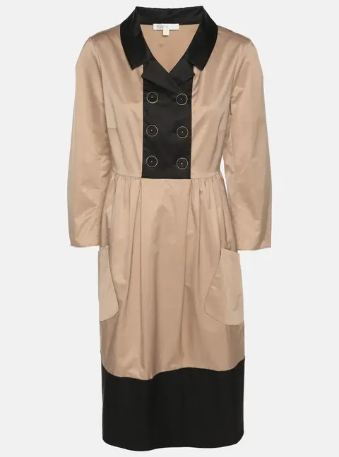 Paule Ka Beige/Black Satin Long Sleeve Shirt Midi Dress M