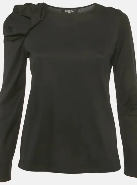 Paule Ka Black Cotton Ruched Sleeve Top L
