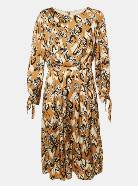 Paule Ka Brown Heart Print Satin Midi Dress L