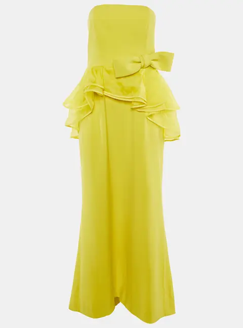 Paule Ka Yellow Crepe Bow & Asymmetric Frill Detail Strapless Maxi Dress L