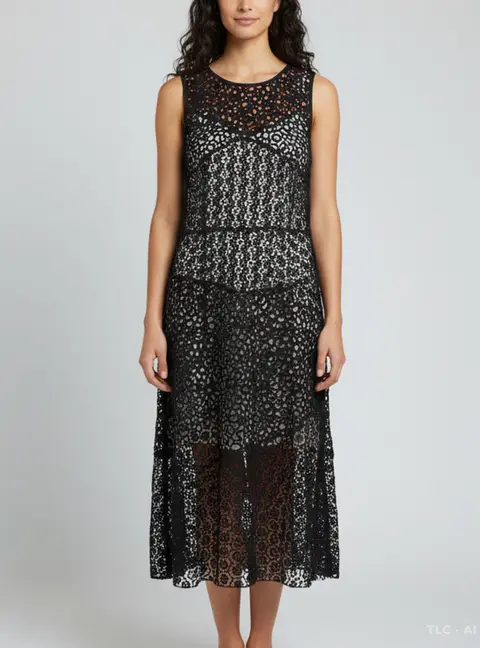 Paule Ka Black Guipure Lace Sheer Sleeveless Midi Dress L