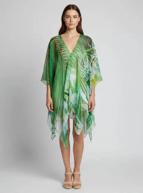 Peace by Lotta Stensson Green Tropical Print Chiffon Kaftan Beach Cover Up S