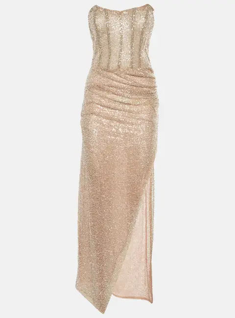 Penna Beige Bead Embellished Sequins Ruched Slit Maxi Dress S