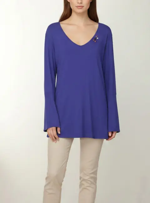 Persona Blue Jersey Jeweled Embellished Long Sleeve Top L