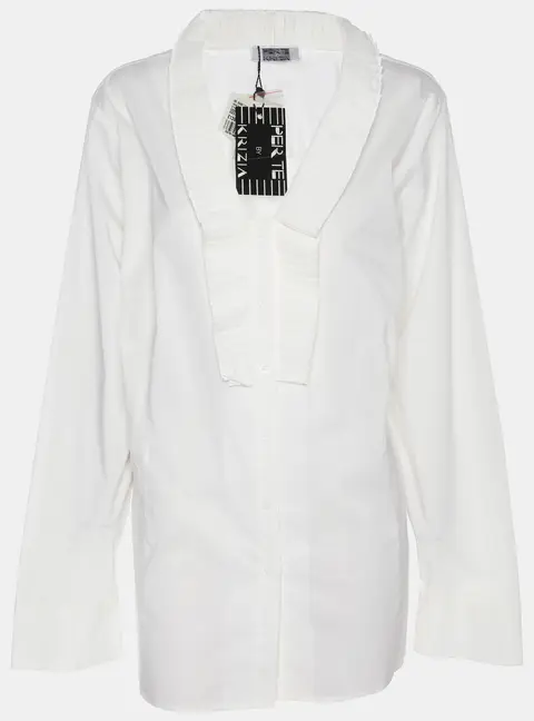 Perte by Krizia White Cotton Blend Ruffle Front Long Sleeve Shirt L