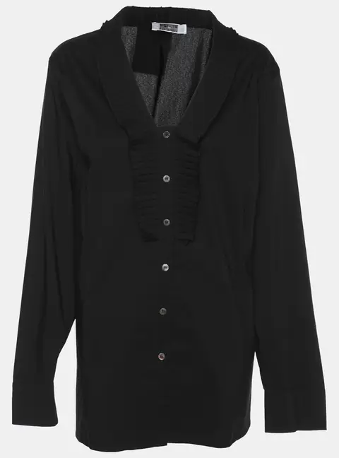 Perte by Krizia Black Cotton Blend Ruffle Front Long Sleeve Shirt L