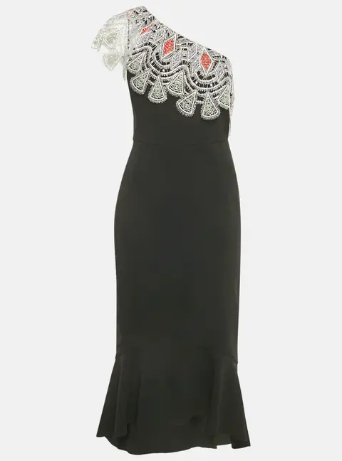 Peter Pilotto Black Crepe Lace Overlay One Shoulder Midi Dress L
