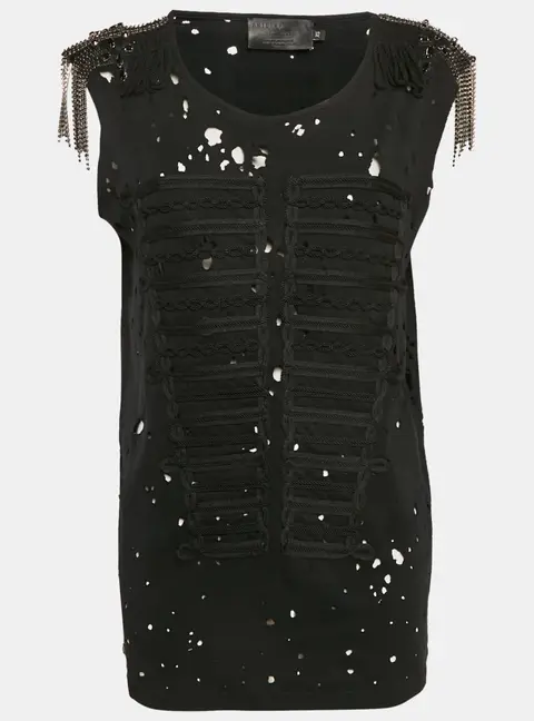 Philipp Plein Couture Black Shoulders Embellished Distressed Top XS