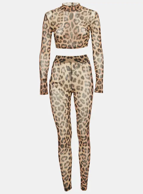 Philipp Plein Leopard Print Stretch Mesh Semi Sheer Top and Leggings Set S