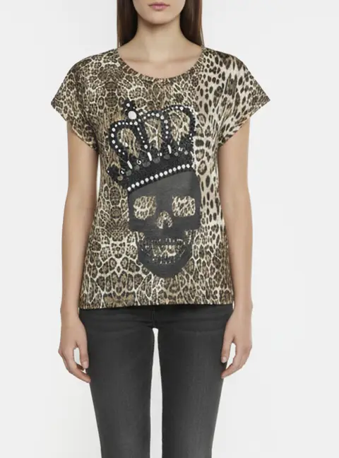 Philipp Plein Brown Skull Leopard Print Jersey T-Shirt XS