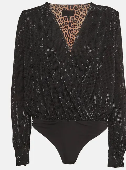 Philipp Plein Black Jersey Crystal Embellished Wrap Bodysuit M