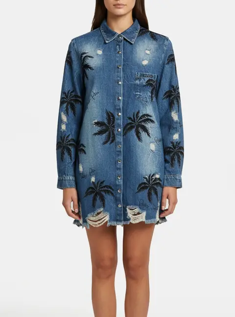Philipp Plein Blue Aloha Plein Print Distressed Denim Shirt M