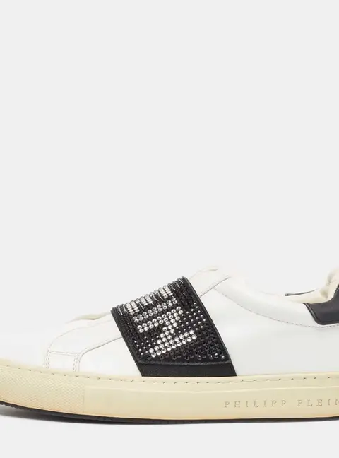 Philipp Plein White/Black Leather  Crystal Embellished  Sneakers Size 35