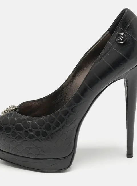 Philipp Plein Black Croc Embossed Leather Skull Peep Toe Platform Pumps Size 38