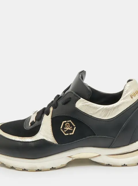 Philipp Plein Black/Gold Leather and Suede Low Top Sneakers Size 38