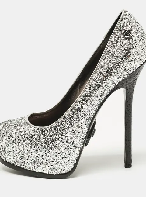 Philipp Plein Silver/Black Glitter and Python Platform Pumps Size 37
