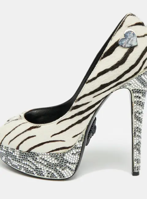 Philipp Plein Size 36 White/Black Animal Print Calf Hair Crystal Embellished Platform Peep Toe Pumps