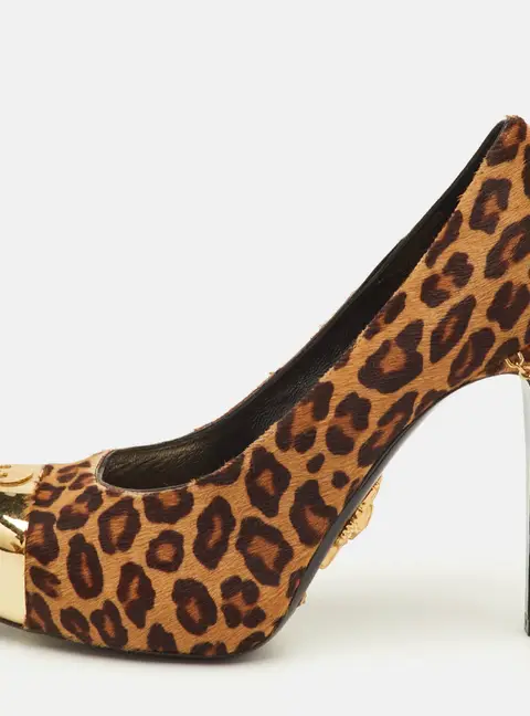 Philipp Plein Size 37 Brown Leopard Print Calf Hair Skull Metal Cap Toe Platform Pumps