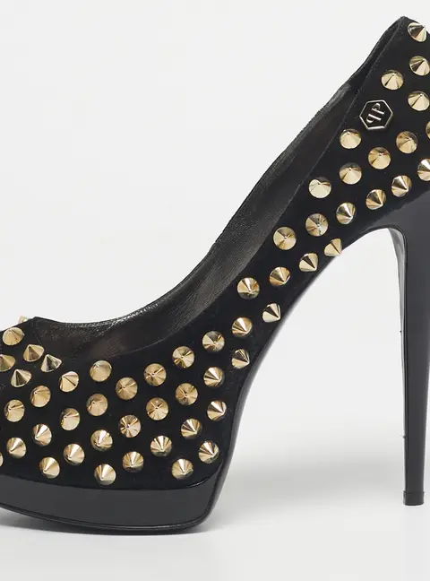 Philipp Plein Black Suede Studded Peep Toe Platform Pumps Size 40