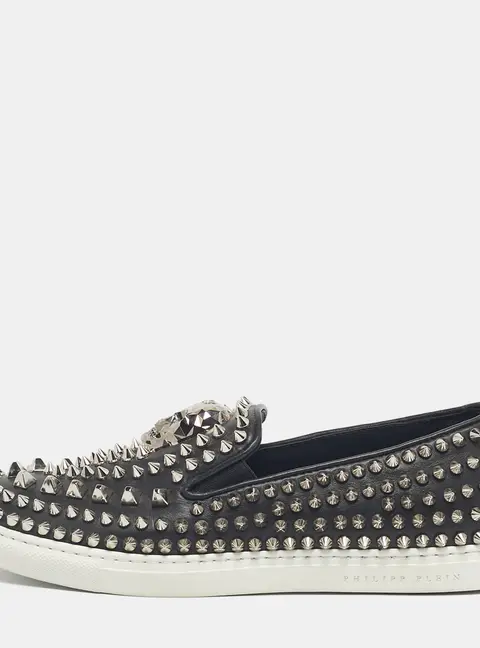 Philipp Plein Black Leather Studded Skull Slip On  Sneakers Size 37