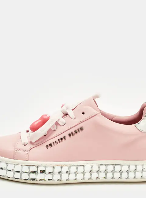 Philipp Plein Pink/Silver Leather and Patent Leather Crystal Platform Lace Up Sneakers Size 36