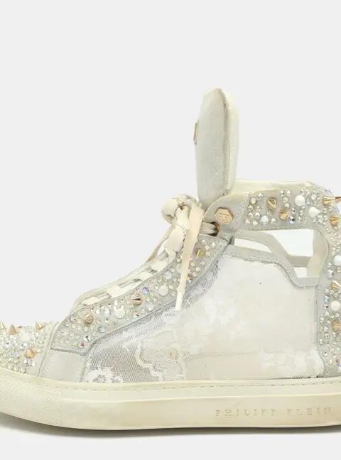 Philipp Plein Size 42 Grey Lace and Suede High Top Sneakers