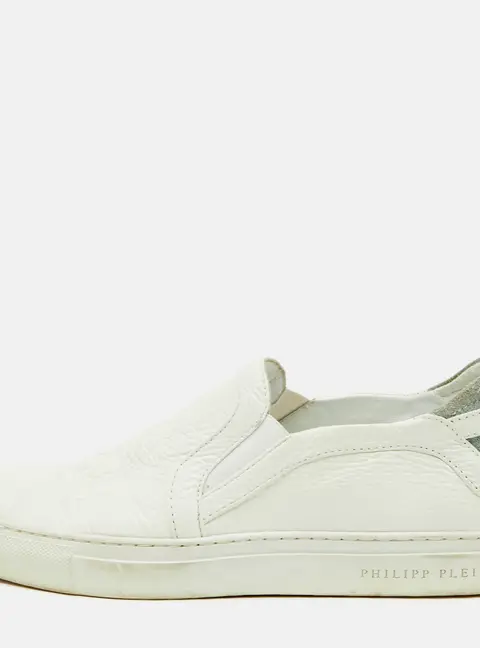 Philipp Plein Skull Embossed Size 39 White Leather Slip On Sneakers