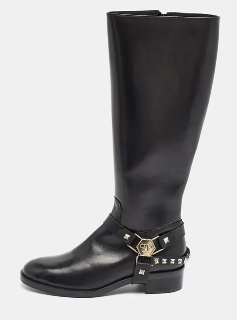 Philipp Plein Kingdom Size 41 Black Leather Knee Length Boots