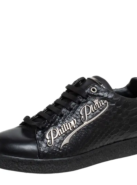 Philipp Plein Size 39 Black Leather and Python Embossed Leather Low Top Sneakers