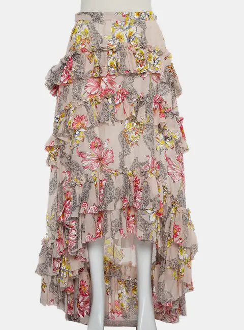 Philosophy Beige Floral Printed Cotton & Silk Ruffled Asymmetric Hem Midi Skirt M