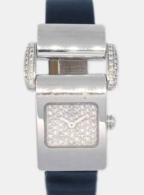 Piaget Miss Protocole Silver Black 18K White Gold Diamond Quartz Women's Wristwatch 17 cm