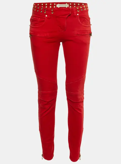 Pierre Balmain Red Denim Studded Slim Fit Jeans M/Waist 29"