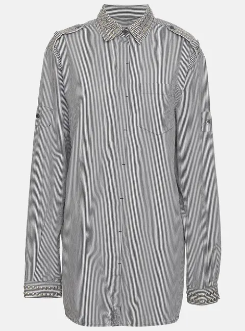 Pierre Balmain Grey/White Pin Stripe Poplin Studded Long Sleeve Shirt M