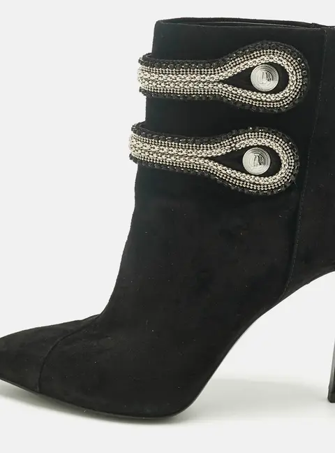 Pierre Balmain Black Suede Crystal Embellished Ankle Length Boots Size 37